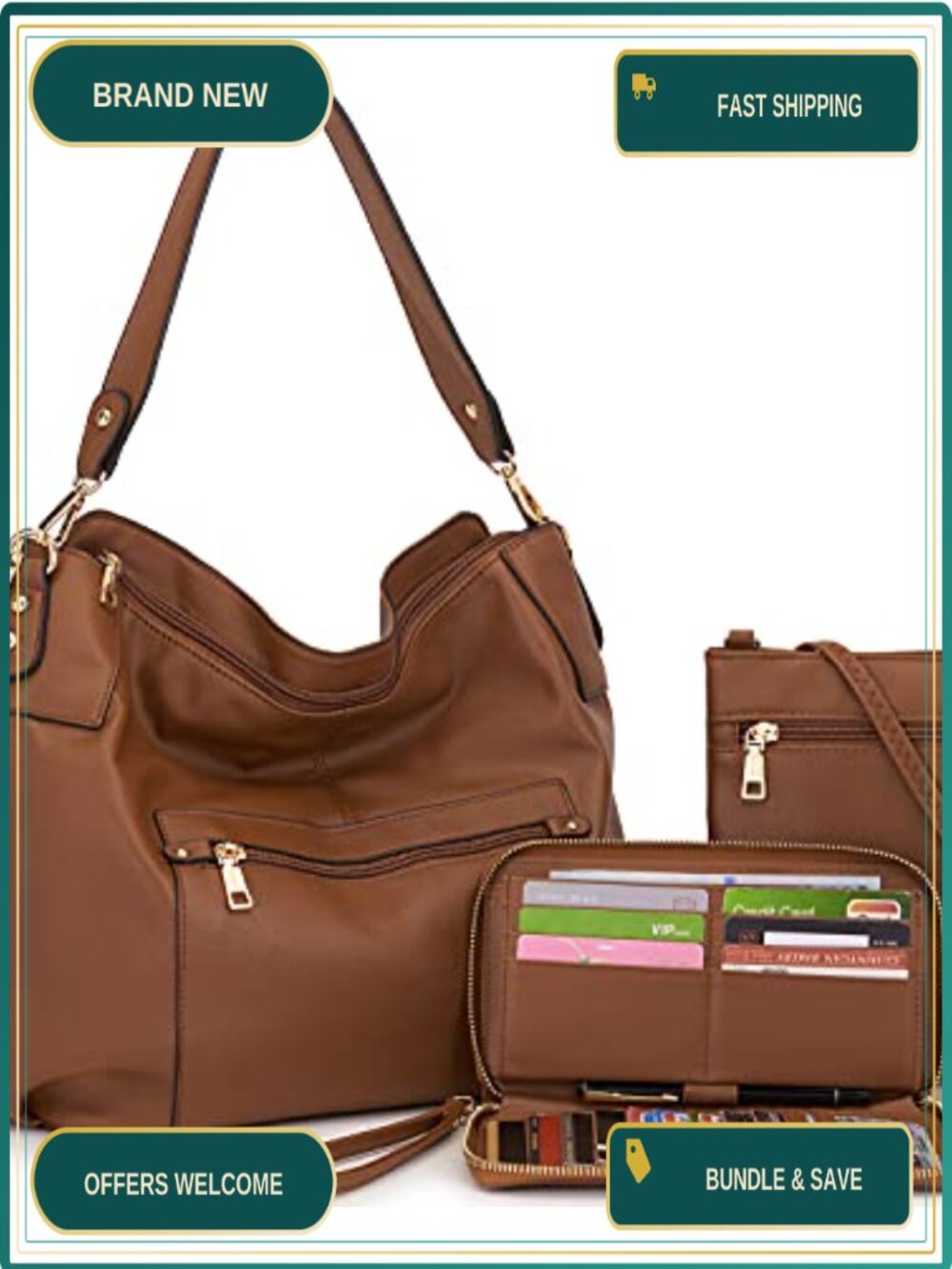 Synthetic Leather Crossbody Hobo Purse and Wallet Set RFID Blocking